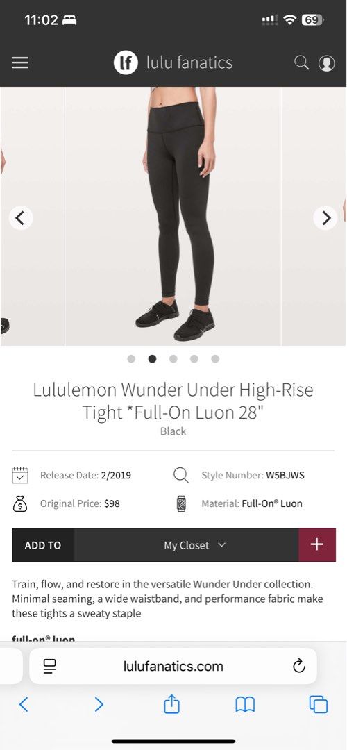 Lululemon Wunder Under - Luon Fabric (Category: Activewear) located in Pasig City. Submitted by palmd (Listing ID 1362676378, Image 2). Description: Dot 6 - dot size peeled na upon washing This is the luon fabric - thicker!!!! And discontinued already Guaranteed authentic - tag still intact but not visible na due to wash I do not use fakes hahaha LP POSTED PLS .