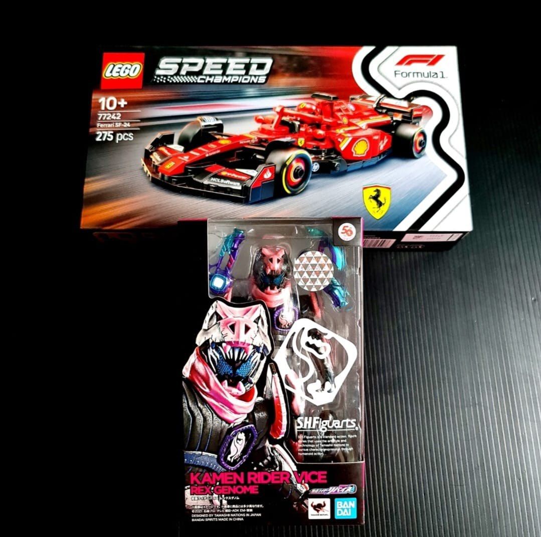 MISB Bandai s.h.figuarts SHF KAMEN RIDER VICE REX GENOME SHFiguarts Action Figure / Lego Formula 1 Speed Champions 77242 Ferrari SF-24 F1 Race Car, Authentic, New, Sealed & Unopened in Mint Condition (Category: Toy Figures) located in Singapore. Submitted by tudor8 (Listing ID 1362792496, Image 1). Description: Lego 77242 F1 Ferrari SF-24 F1 Race Car $28 Bandai S.H.Figuarts KAMEN RIDER VICE REX GENOME $39.90 Authentic, New, Sealed & Unopened in M
