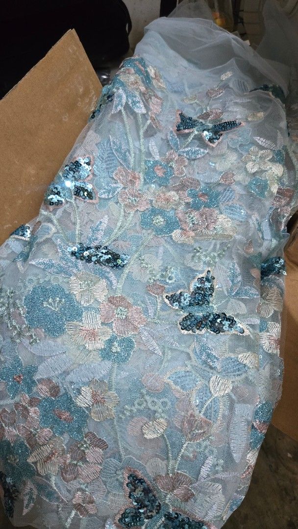[4 Yards] Butterfly Sequined Blue Lace 60" (Category: Other Accessories) located in Quezon. Submitted by dollicandy (Listing ID 1366552782, Image 1). Description: Php500 [4 Yards] Butterfly Sequined Blue Lace 60" Bought for php1,600/yard Rfs: Was supposed to use this for a dress but I changed my mind and used a different fabric 📍 Bloomfields Subdivision (Near SM Fairview) 💳 Payment via InstaPay QR Code 🛵 Pickup c/o buyer.