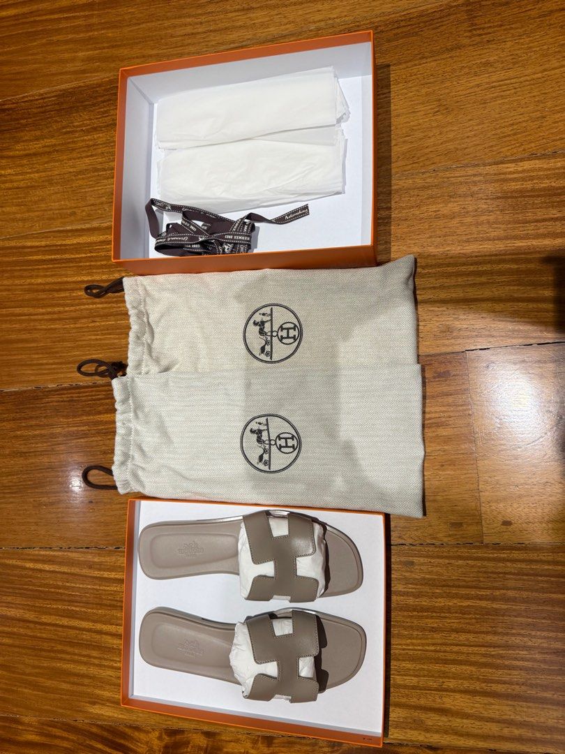 AUTHENTIC (with store receipt) Hermes Oran 38.5 Beige Mastic (Category: Sneakers & Footwear) located in Quezon City. Submitted by dianeellice (Listing ID 1366604472, Image 3). Description: Purchased in Paris last June 2023 Brand New Kept Unused Includes Box, dust bag and receipt (photocopy only) .