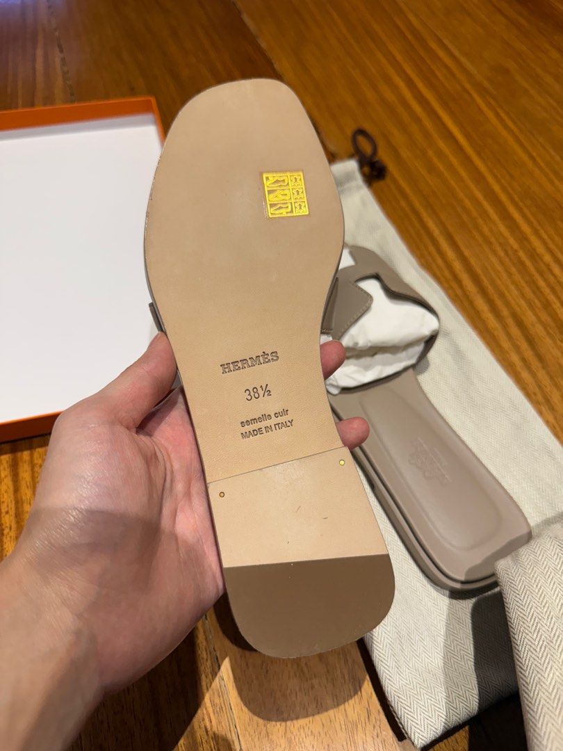 AUTHENTIC (with store receipt) Hermes Oran 38.5 Beige Mastic (Category: Sneakers & Footwear) located in Quezon City. Submitted by dianeellice (Listing ID 1366604472, Image 2). Description: Purchased in Paris last June 2023 Brand New Kept Unused Includes Box, dust bag and receipt (photocopy only) .