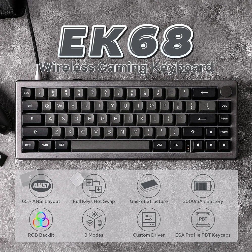 Brand New Epomaker EK68 Keyboard (Category: Computer Keyboard) located in Manila. Submitted by giooooo03 (Listing ID 1366693891, Image 3). Description: Brand New Epomaker EK68 Keyboard | Gateron Pro Yellow Switches | Hot-Swappable | RGB Looking for buttery-smooth keystrokes? This compact beast delivers! Gateron Pro Yellow switches – fast, linear, and satisfying 65% layout with a knob – perfect blend of function & space-saving RGB backlit with cus