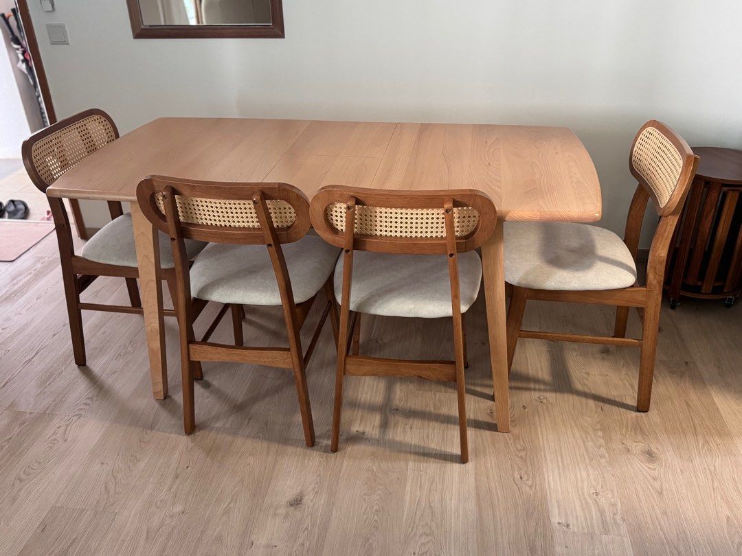 Dining Table (Category: Tables & Sets) located in Singapore. Submitted by eneres13 (Listing ID 1366568802, Image 2). Description: Dining table set from Star Living. RTP 1170. ($250) Table is 75cm x 120cm / 150cm (extended) ($250) 4 chairs and a rattan bench can host 6 pax Love it and only reason for selling is we need a bigger one….