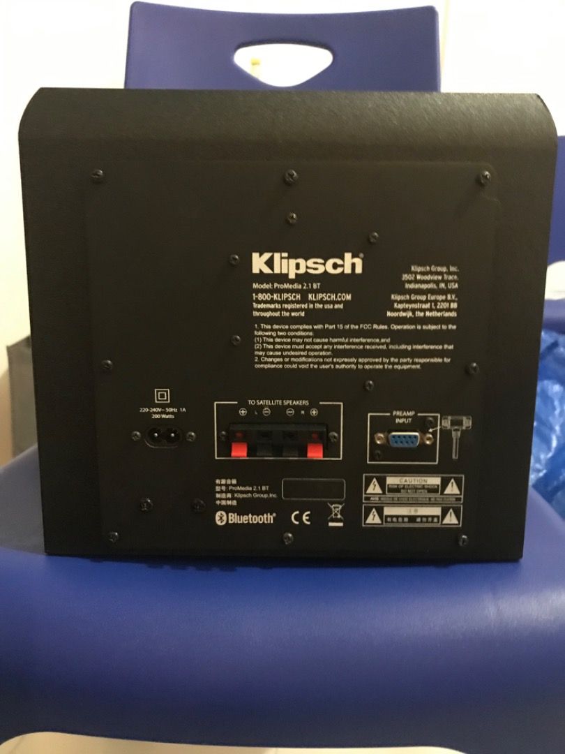 Klipsch Promedia subwoofer (Category: Soundbars, Speakers & Amplifiers) located in Singapore. Submitted by miamicruze (Listing ID 1366679370, Image 1). Description: Lightly used good condition Bluetooth Klipsch promedia subwoofer only without power cable .