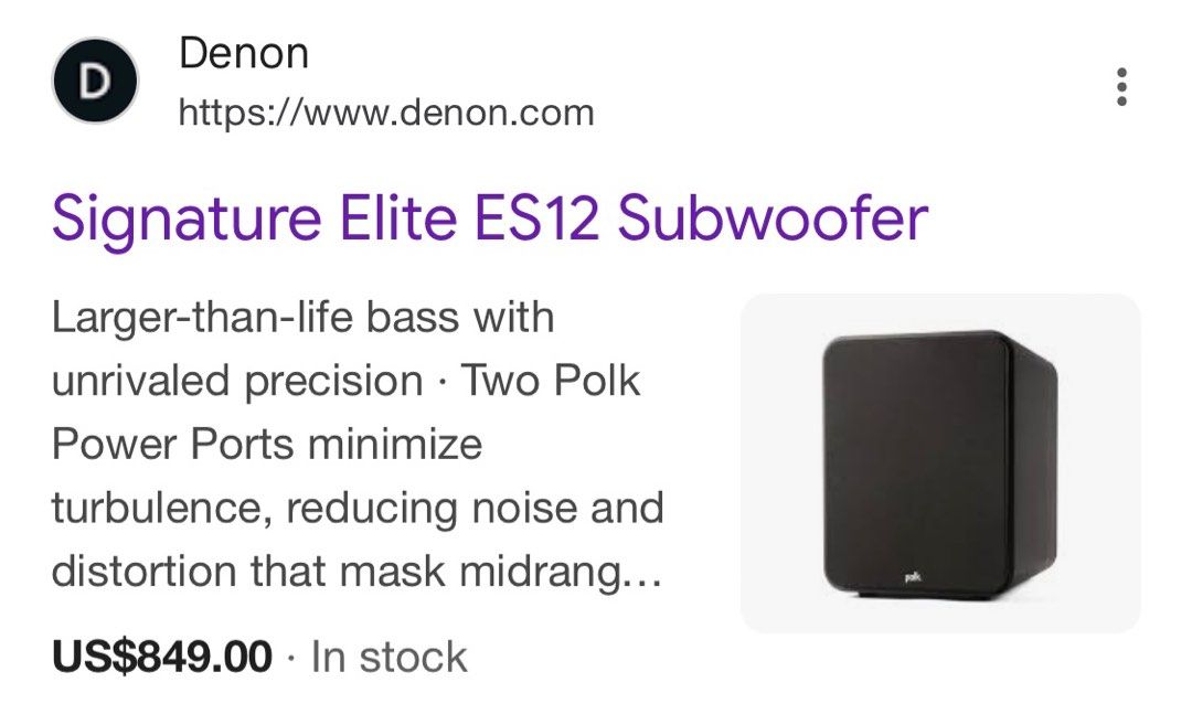Polk audio es12 subwoofer by d&m group 1 year warranty use by marantz and Denon amplifer (Category: Soundbars, Speakers & Amplifiers) located in Singapore. Submitted by pricelion (Listing ID 1366621753, Image 2). Description: The 12” Signature Elite ES12 subwoofer enhances the largest home-theater and music systems. Equipped with a robust Class D amplifier, Power Port™ technology, and Time-Smart Phase Control, the ES12 delivers impactful bass wit