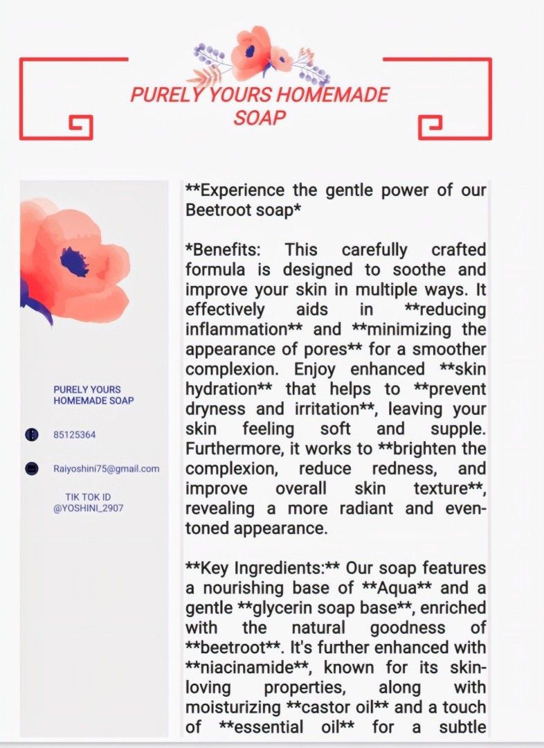 Beetroot soap (Category: Face Care) located in Singapore. Submitted by 1768_unknown (Listing ID 1368334594, Image 3). Description: ***HSA NOTIFIED*** THIS IS A BEETROOT SOAP WITH NIACINAMIDE. it's very good for the skin and helps with dark under eyes circles uneven skin tones and helps to reduce dark spots.