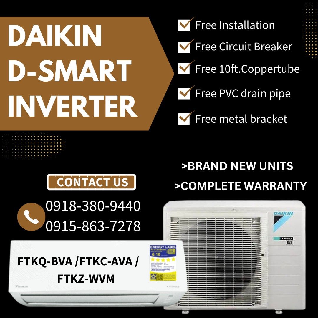 DAIKIN D-SMART INVERTER SPLIT TYPE AIRCON (Category: Air Conditioning and Heating) located in Quezon City. Submitted by airconph. (Listing ID 1368299066, Image 1). Description: 🌿Smart Cooling,Smarter Prices! - Grab your energy-efficient AC now‼️ BRAND NEW DAIKIN SPLIT TYPE INVERTER ▪️DAIKIN D-SMART SERIES INVERTER ▪️DAIKIN D-SMART QUEEN INVERTER ▪️DAIKIN D-SMART KING INVERTER Model: FTKQ-BVA, FTKC-AVA, FTKZ-WVM Available Capacity: (0.8hp - 3.0hp