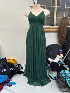 emerald dark green spaghetti strap padded bridesmaids dress wedding guest formal long gown side slit