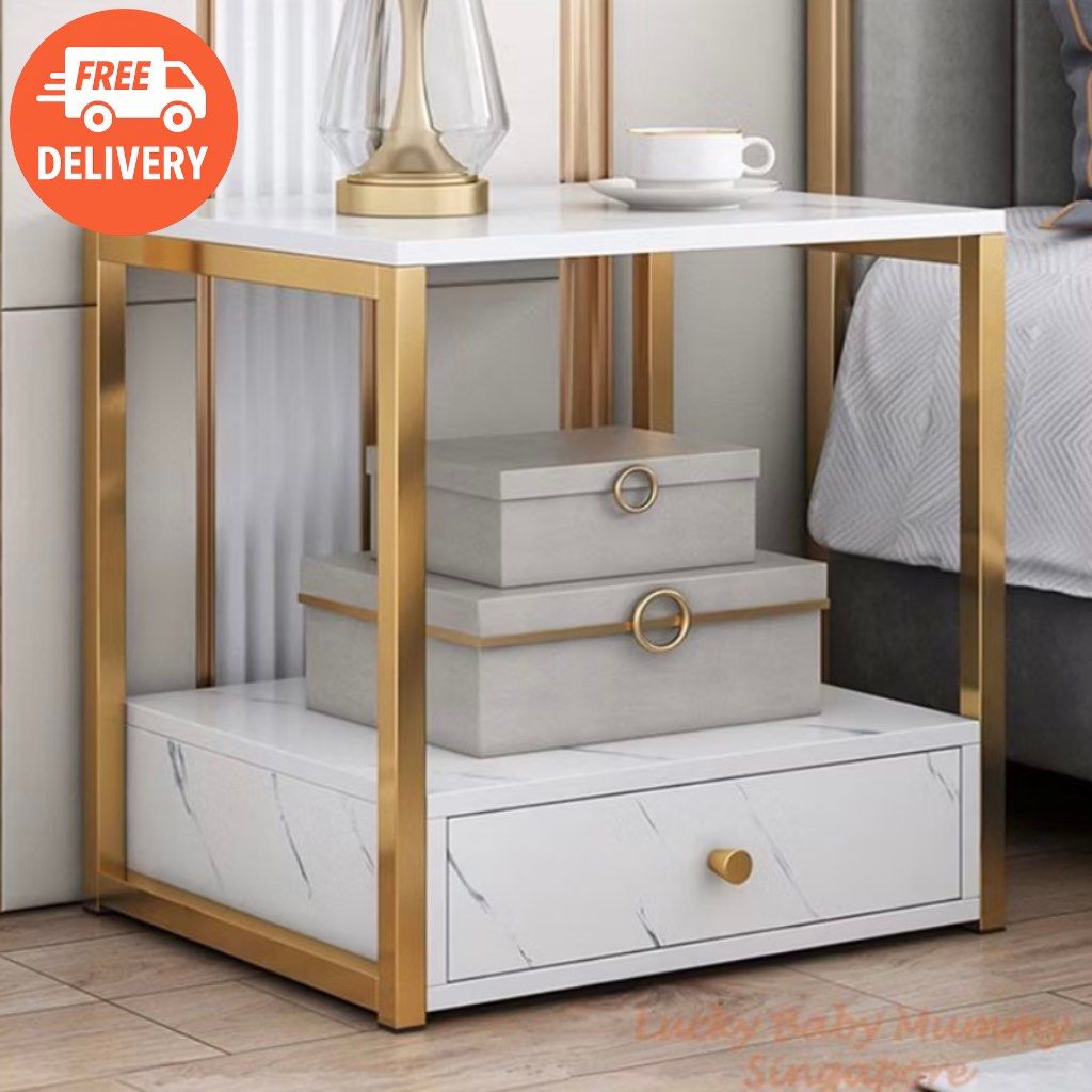 [FREE DELIVERY] Modern Marble Pattern Bedside Table | Gold Frame Side ...