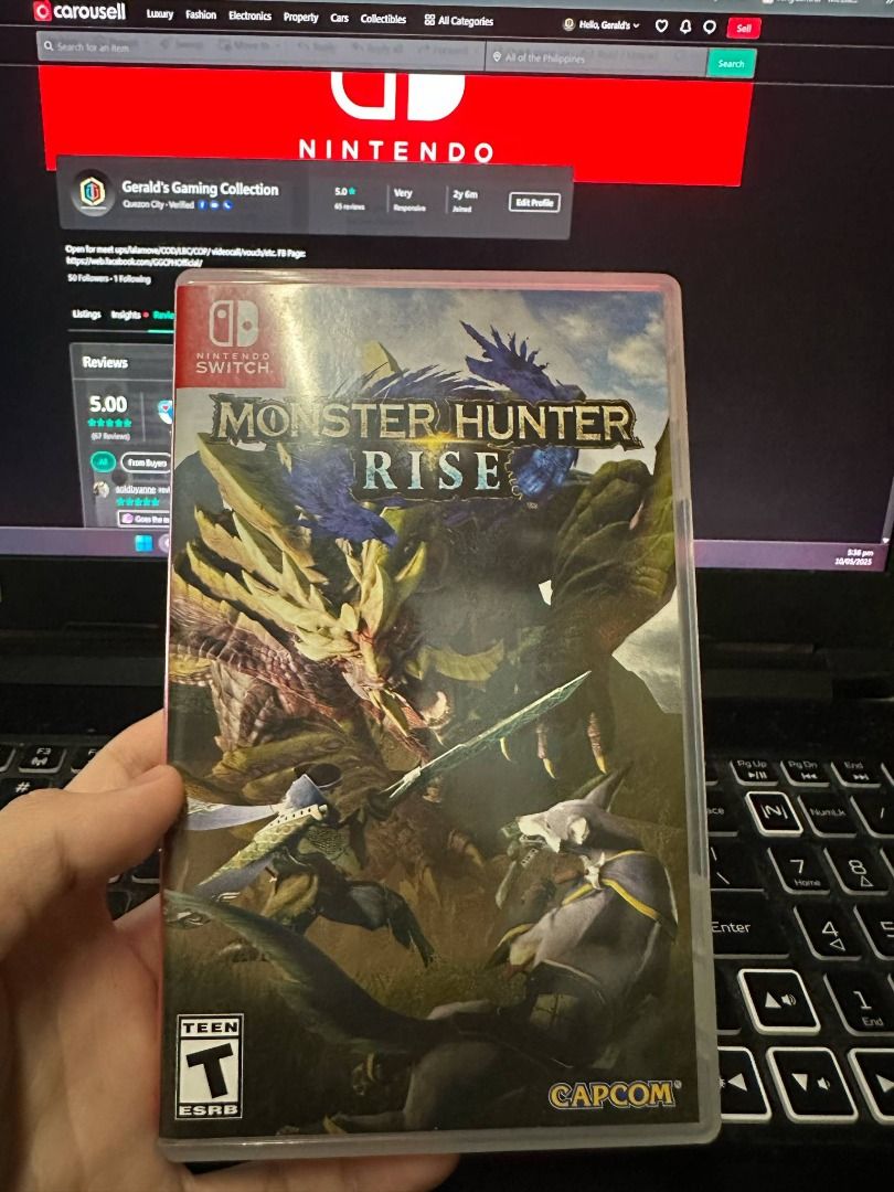 Monster Hunter Rise - Nintendo Switch Physical Game (Category: Nintendo) located in Quezon City. Submitted by ggcollectionph (Listing ID 1368339350, Image 1). Description: Nintendo Switch Game for Sale! Monster Hunter Rise Good as new, Smooth, and No issues. All games are playable in English, 100% Original, and compatible to all Nintendo Switch models (V1/V2/Lite/OLED). For buyer's review kindly check my Carousel account: https://www.carousell.ph