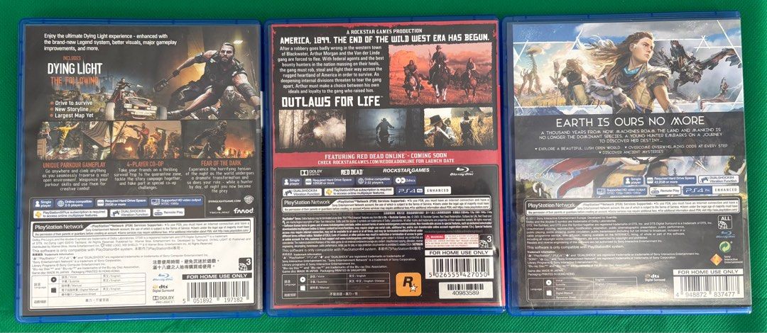 PS4 GAMES TRIO! Dying Light, Red Dead Redemption, Horizon Zero Dawn (Category: PlayStation) located in Manila. Submitted by blissful_bargain_bazaar (Listing ID 1368235906, Image 2). Description: BUY INDIVIDUALLY, OR GET ALL FOR ONLY 2500! (PHP 149 OFF!) Title: Dying Light The Following (Enhanced Edition) Genre: Survival Horror, FPS, Parkour PHP 999 The game is about surviving a zombie outbreak in the hopes of finding a cure. _________________ Tit