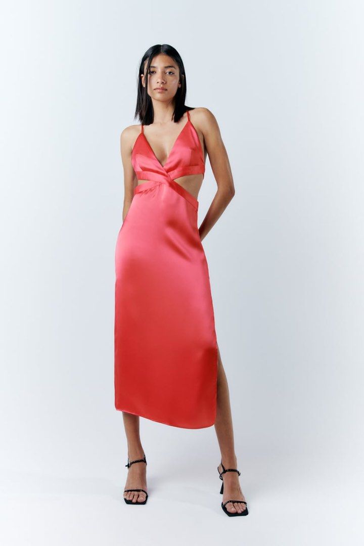 Zara Satin Cut-out Summer Hot Pink Coral Dress, Women's Fashion, Dresses &  Sets, Dresses on Carousell