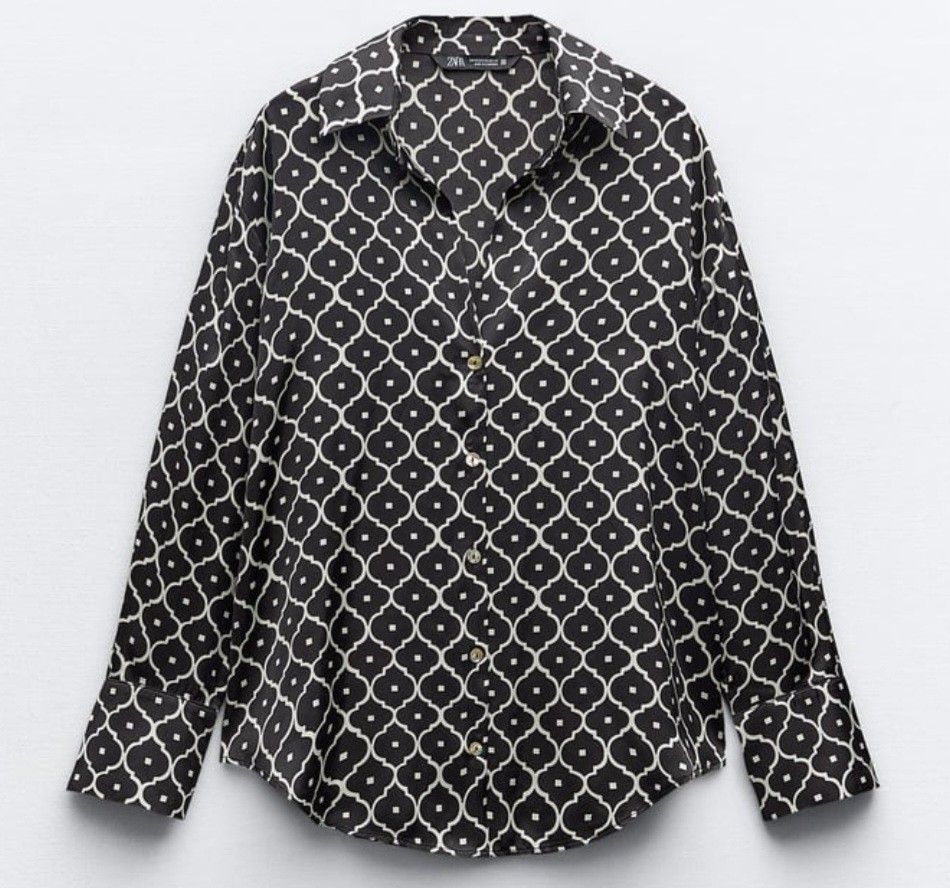 ZARA satin printed shirt (Category: Shirts) located in Makati City. Submitted by worn2work_treasures (Listing ID 1368297896, Image 1). Description: Length - 27 inches Width -19 inches Shoulder to shoulder width - 16inches Arms - 7 inches Please note that sizes for Zara varies depending on the country where it was made. I noticed that in the other printed shirt, it was Small for Turkey but for made in Cambodia shirt, its XS. Also the Square symbol