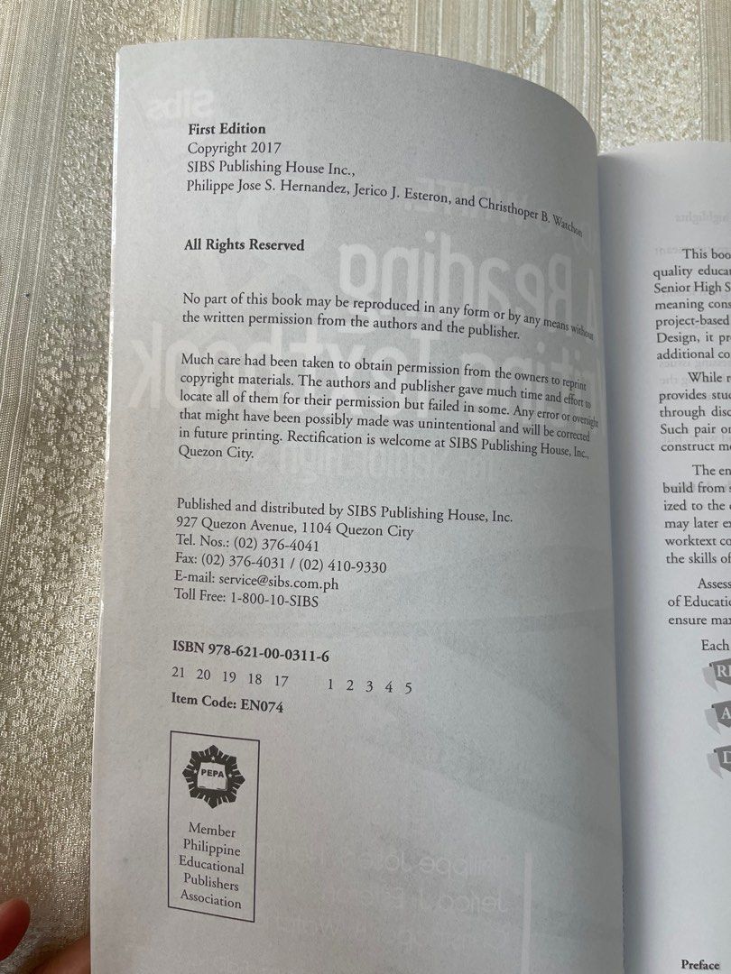 A Reading & Writing Textbook - Senior High School (Category: Textbooks) located in Paranaque City. Submitted by AnZStorecellent (Listing ID 1368433583, Image 2). Description: A Reading & Writing Textbook - Senior High School Sibs Publishing House First Edition Copyright 2017 With cover already Brand New bought but not used.