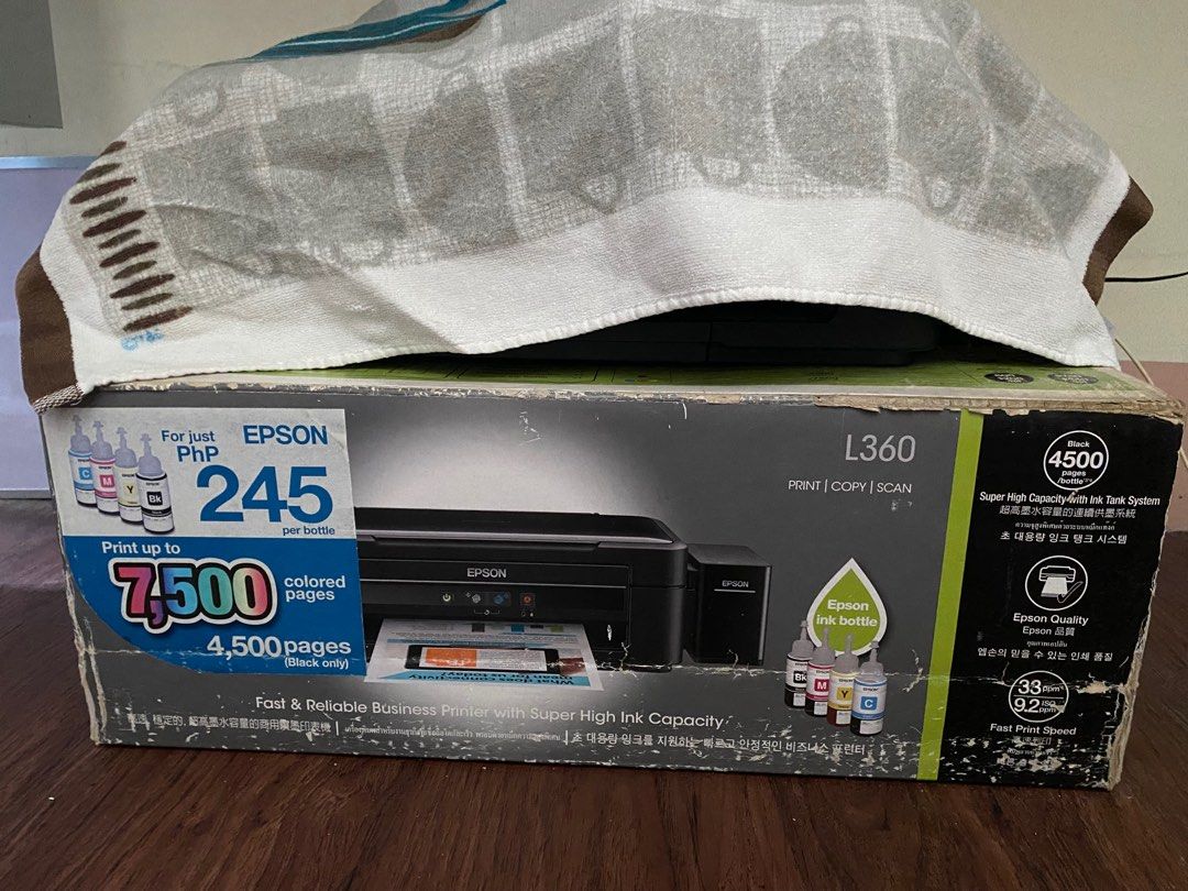 Epson L360 Printer + Scanner (Category: Printers, Scanners & Copiers) located in Manila. Submitted by glosshauls (Listing ID 1368452981, Image 1). Description: Functioning and can still be powered on, ink just needs to be flushed/fixed since it hasn’t been used in a while. Scanner works just fine. Price is still negotiable, but no lowballing. PM for photos of the unit itself/demo. Shipping via Lalamove/Grab, shouldered by buyer .