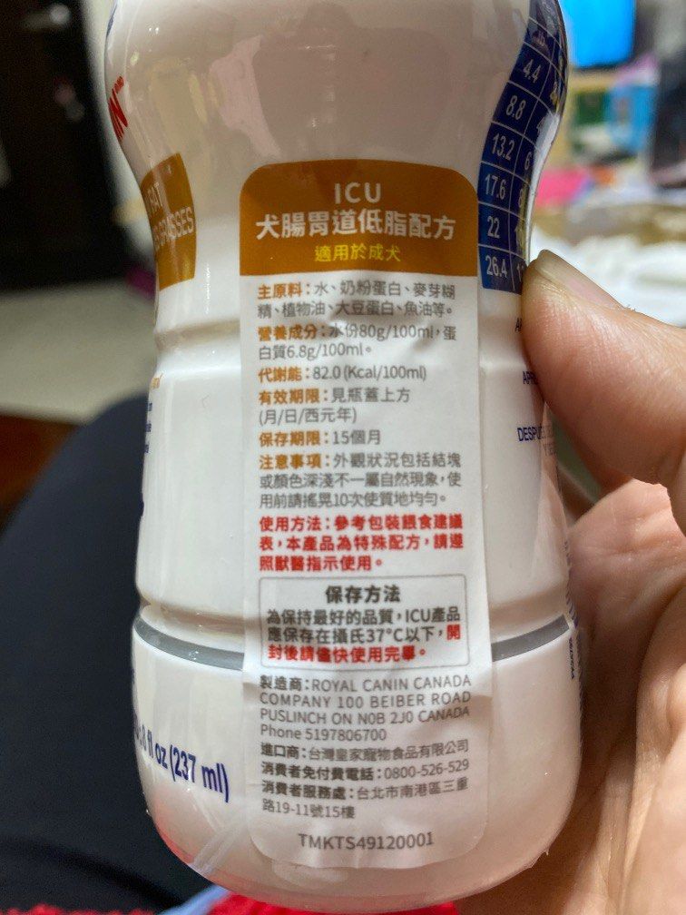 由 alishamay (刊登 ID 1368515461，圖片 1) 提交，位於 台北市 (Taipei) 的 【皇家】ICU營養系列-犬用腸胃道低脂配方/237ml (類別：寵物食品)，說明：只有一瓶，北投附近可面交，假日可約捷運站面交，可郵寄、超商店到店，運費另計，有效期限：2025.6.12。