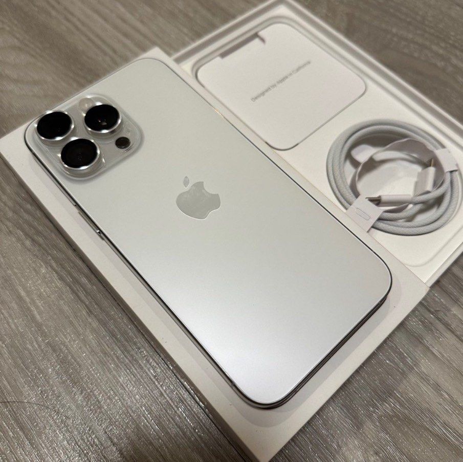 Iphone 15 Pro Max 256GB White Titanium (Category: iPhone 15 Series) located in Makati City. Submitted by itsmedimple (Listing ID 1368577529, Image 1). Description: Iphone 15 Pro Max 256GB White Titanium 90% Battery (Original) Openline (Any sim will do) Dual physical sim Complete with receipt TG installed since day 1 Inclusions: Original Type C Cable, Box (Same IMEl), Sim Ejector Pin, 11 pcs phone case Adapter & Receipt No history of repair No iss