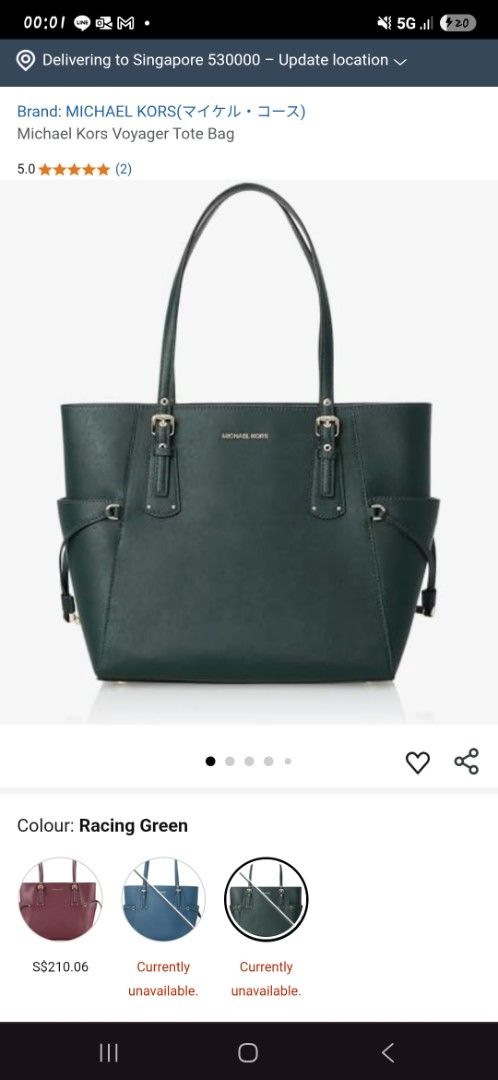 Michael Kors Voyager Tote Bag (Racing Green) (Category: Bags & Wallets) located in Singapore. Submitted by the.heart.tots (Listing ID 1368554616, Image 3). Description: Out of stock from Singapore and Amazon. Original price is $212. It was a gift. Not suitable for my work. Very good condition..