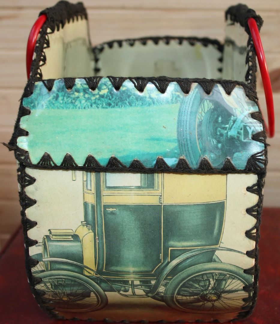 Vintage Card Basket, Cardboard Sewing Basket, Car Card Basket (Category: Handmade Goods & Accessories) located in Burnie. Submitted by tasmanianbeauties (Listing ID 1368574114, Image 2). Description: Vintage Card Basket, Cardboard Sewing Basket, Car Card Basket A delightful example of the upcycling lifestyle of the past! This card basket shows various vintage automobiles. It has a plastic covering. It has base measurements of 23cm x 16.8cm and ha