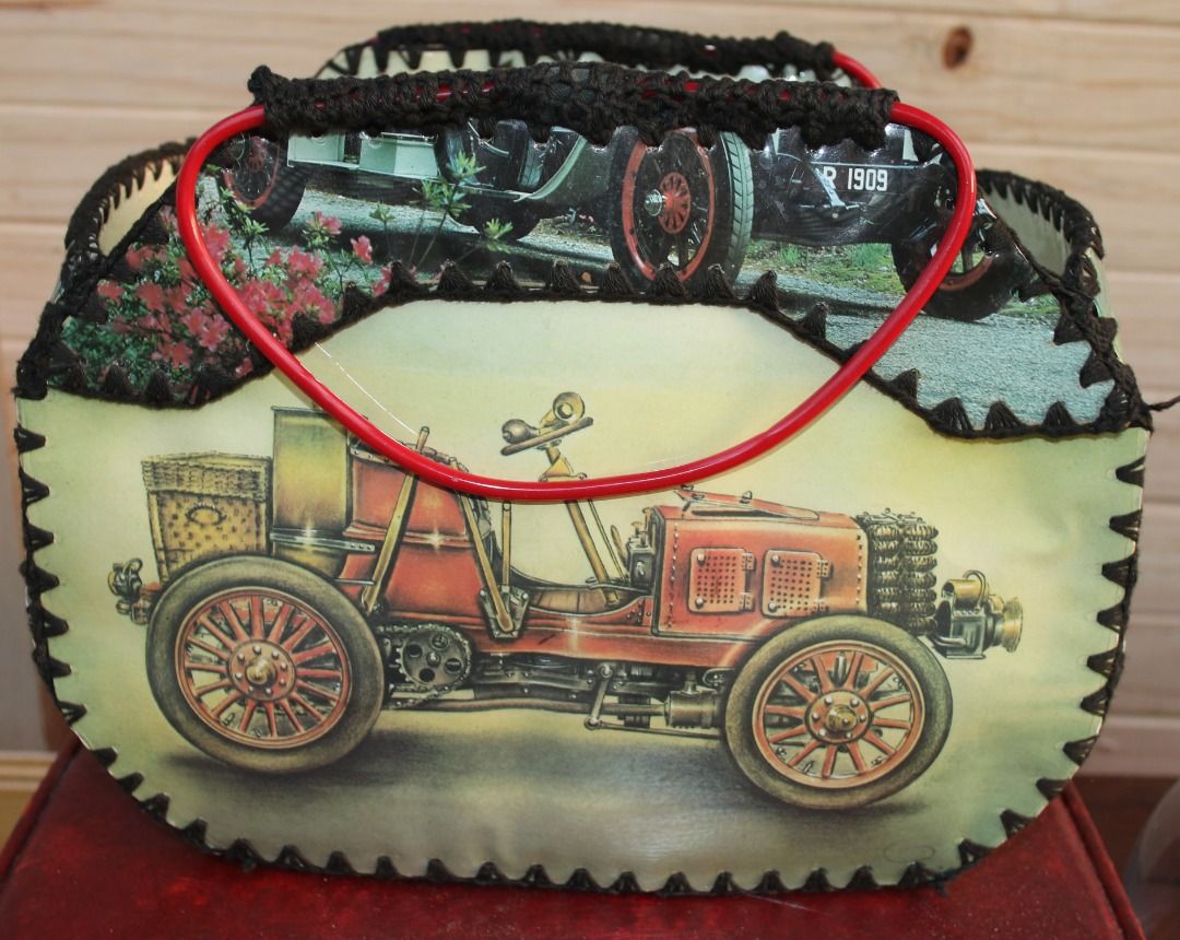 Vintage Card Basket, Cardboard Sewing Basket, Car Card Basket (Category: Handmade Goods & Accessories) located in Burnie. Submitted by tasmanianbeauties (Listing ID 1368574114, Image 3). Description: Vintage Card Basket, Cardboard Sewing Basket, Car Card Basket A delightful example of the upcycling lifestyle of the past! This card basket shows various vintage automobiles. It has a plastic covering. It has base measurements of 23cm x 16.8cm and ha