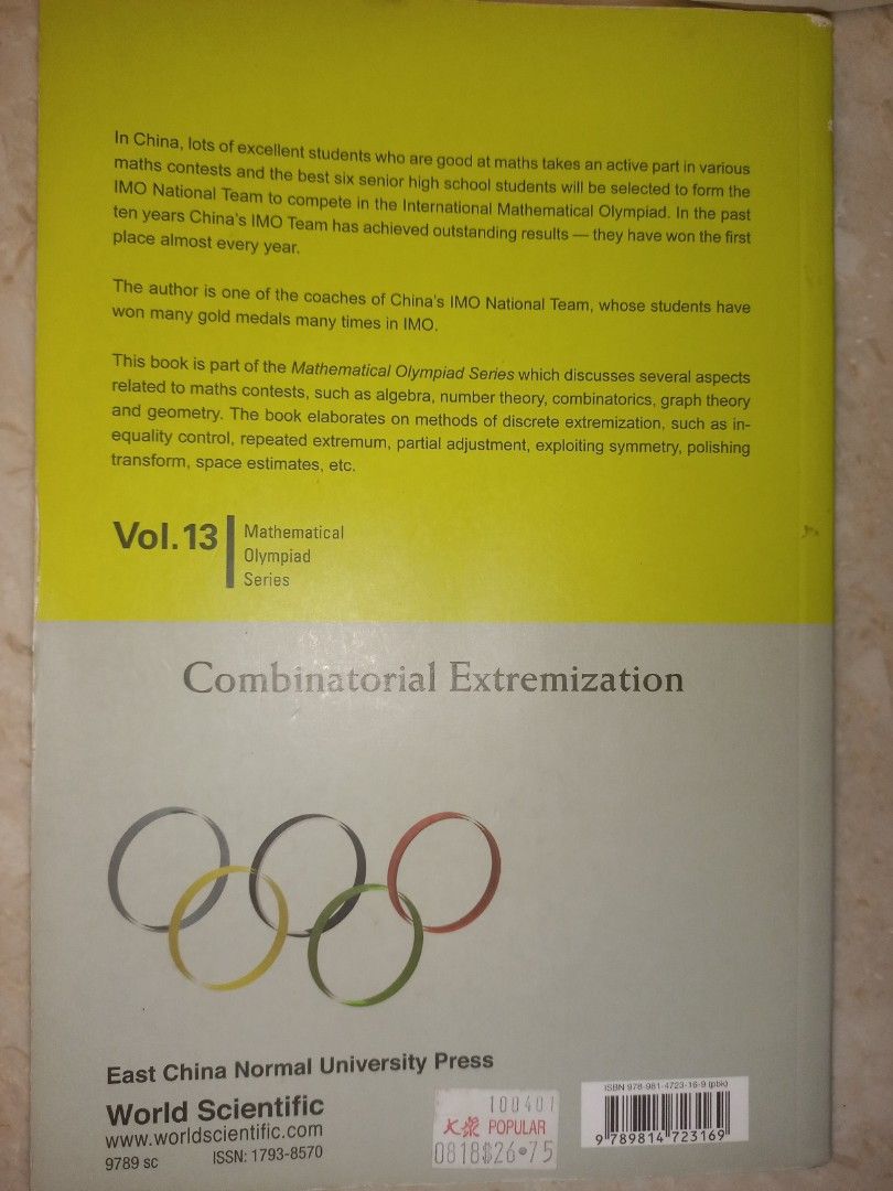 Combinatorial extremization (Category: Textbooks) located in Singapore. Submitted by johntan420 (Listing ID 1368750076, Image 2). Description: 📘 Combinatorial Extremization – Olympiad Math Book By Yuefeng Feng | World Scientific Olympiad Series Vol. 13 🧠 Covers extremal combinatorics techniques used in national & international math competitions (SMO, APMO, IMO). Includes topics like: Inequality control Symmetry & transformations Repeated extrem
