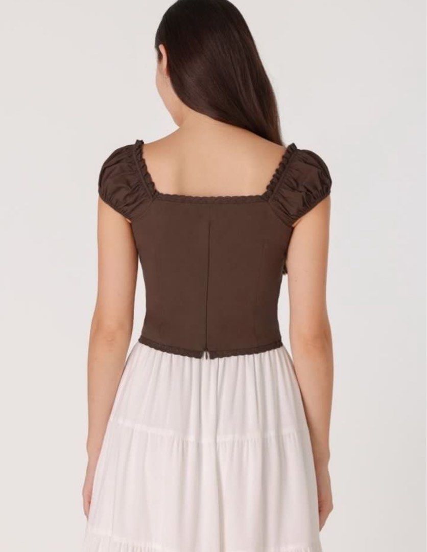 lovet ciera padded ribbon corset cap sleeve top in Espresso Brown (Category: Blouses) located in Singapore. Submitted by joowon (Listing ID 1368690338, Image 2). Description: worn once, as good as new tracked mail +$2.