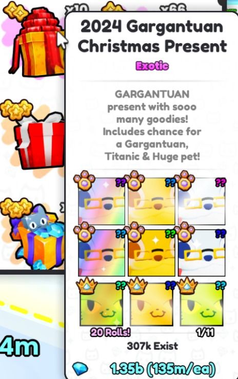 Pet Simulator 99 - Gargantuan Christmas Present (Category: In-Game Products) located in Manila. Submitted by killerxdl_l (Listing ID 1368660659, Image 1). Description: LF Offers Price is Negotiable Includes Massive Freebies.