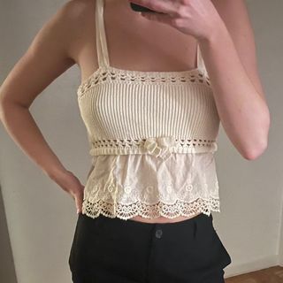 zara beige eyelet knitted top