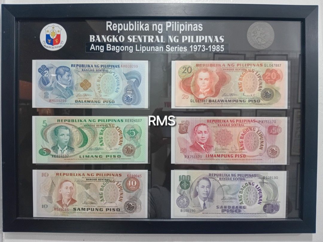ABL Series 1973 - 1985 w/ frame (Category: Currency) located in Quezon City. Submitted by coinsandbanknotes (Listing ID 1368924282, Image 1). Description: Ang Bagong Lipunan Series 1973-1985 2p-100p 18x13 frame size UNC condition.