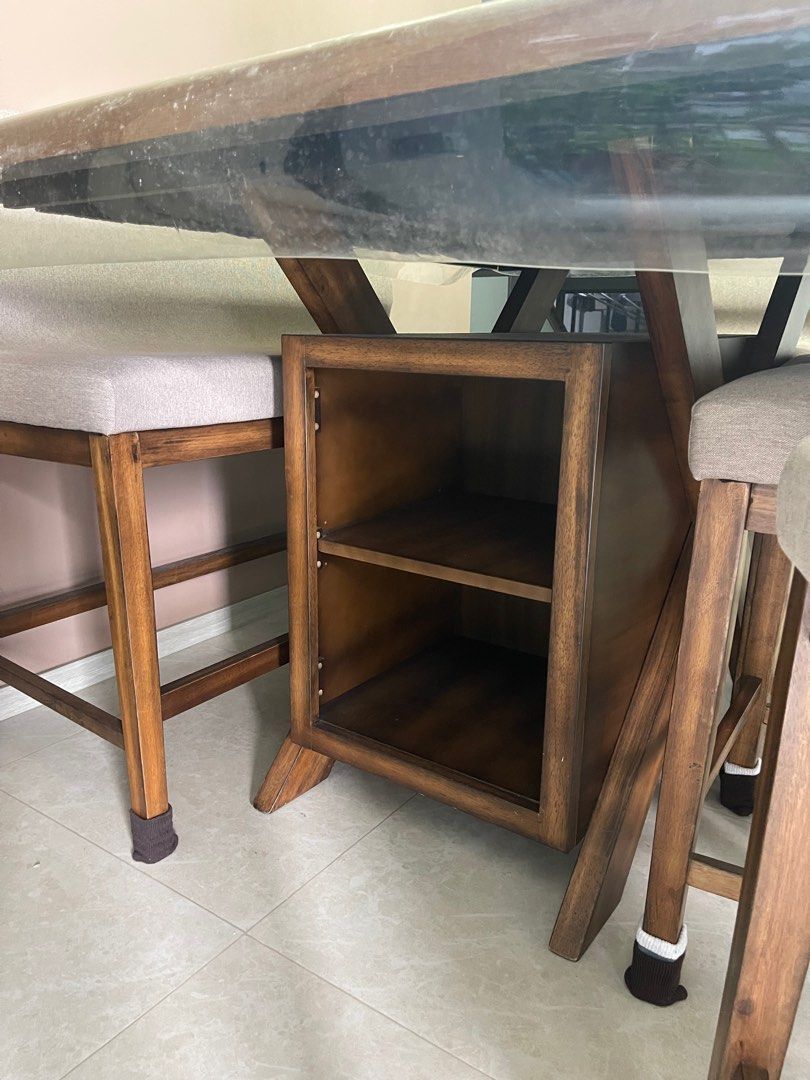 Dining Table Set (Category: Tables & Sets) located in Singapore. Submitted by cczk_ (Listing ID 1368786361, Image 2). Description: Aesthetic wooden coated dining table with 6 seater chairs and storage spaces. L5ft x B4ft x H3ft. Original price: approx $3000 RFS: Sold our unit ! - Self arrange mover ✅.