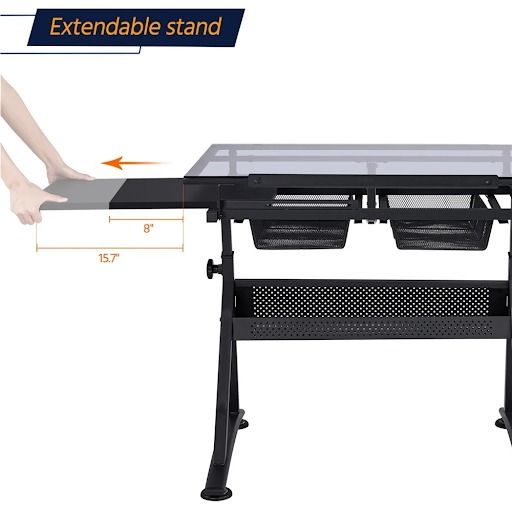 Ergodynamic Drafting Desk, Drafting Table for Artists, Drawing Height Adjustable (Category: Tables & Sets) located in Makati City. Submitted by costuless_inc. (Listing ID 1368832959, Image 3). Description: Item Code: UT-027 SALE PRICE: ₱4,999.00 Note: Price may change without prior notice. ERGODYNAMIC DRAFTING DESK GLASS TOP ♡ Color: Black ♡ Size: L80 x W60 x H74cm ♡ Powder Coated Steel frame, Tilting feature ♡ Tempered Glass Top ♡ 2 Drawers Draf
