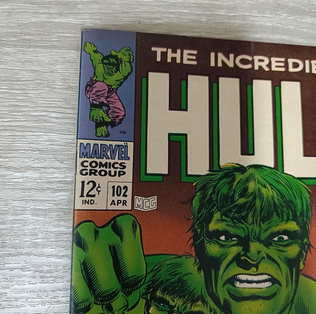 Hulk #102 VG condition (right corner chip) title resume Marvel comics 1968 (Category: Comics & Manga) located in Manila. Submitted by rolandtiu (Listing ID 1368804030, Image 2). Description: old comic around 60 years old - handle with care PLEASE NOTE: -- item is NOT NEW -- actual item on photo - condition (based on my opinion, not professionally graded) - bagged and boarded For Reference: Grading Guide. The ten-point grading scale assigns grades
