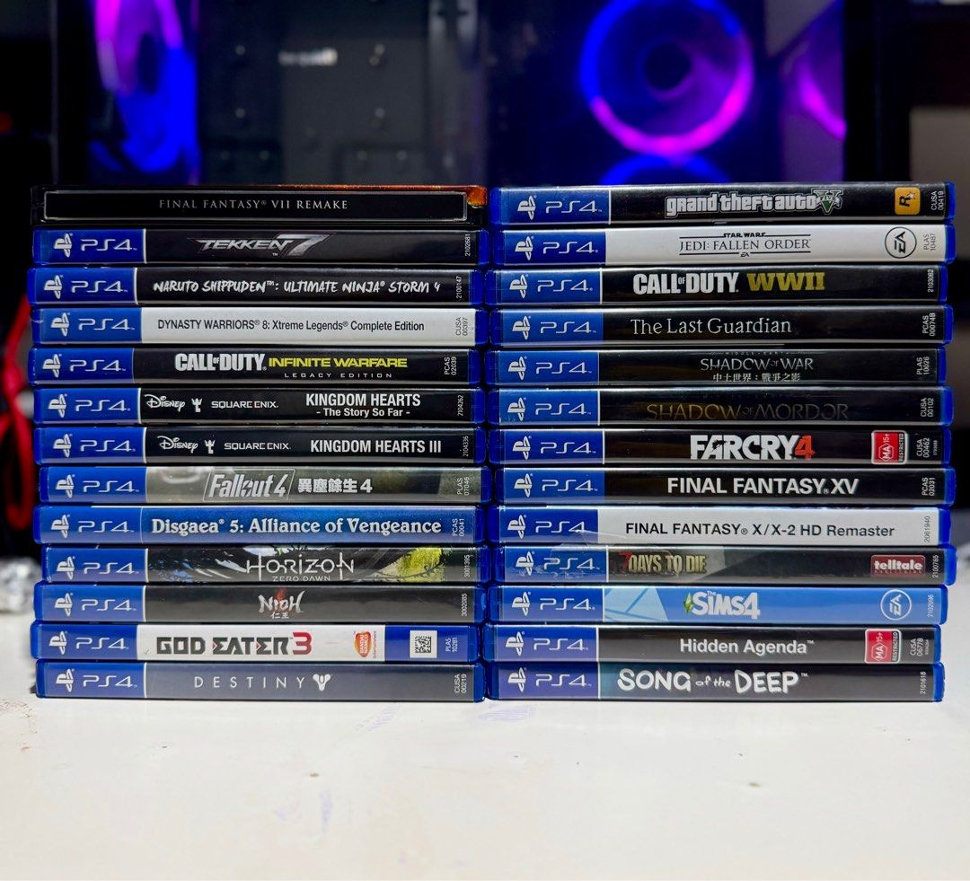 PS4 Games and Controllers (Category: PlayStation) located in Pasig City. Submitted by robbiseraphin (Listing ID 1368845620, Image 1). Description: Selling: PS4 Games/Controllers/Arcade stick. Games: 1. FF 7: Remake Deluxe Edition Case - 1000 2. Grand Theft Auto 5 (with map) - 700 3. Tekken 7 - 700 4. Jedi: Fallen Order - 700 5. Naruto Shippuden UNS 4 - 500 6. Call of Duty WW2 - 500 7. Dynasty Warriors 8: Xtreme Legends CE - 500 8. The Last Guardi