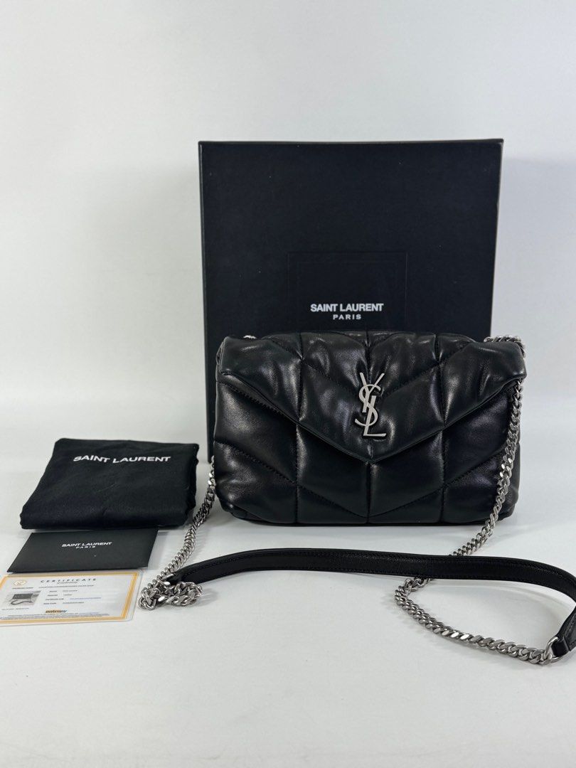Ysl Loulou Puffer (Category: Luxury Bags & Wallets) located in Manila. Submitted by luxuryprelovedbagsby_by_agnes (Listing ID 1368819211, Image 1). Description: THE ICONIC LOULOU PUFFER IN A MINI VERSION. MADE OF SOFT NAPPA LAMBSKIN WITH CHEVRON QUILTING, IT FEATURES A SLIDING CHAIN FOR WEARING IT ON THE SHOULDER OR CROSSBODY. GROSGRAIN LINING LIGHT BRONZE BRASS HARDWARE MAGNETIC SNAP TAB INTERIOR ZIPPED POCKET TWO CARD SLOTS DIMENSIONS: 23 X 15.