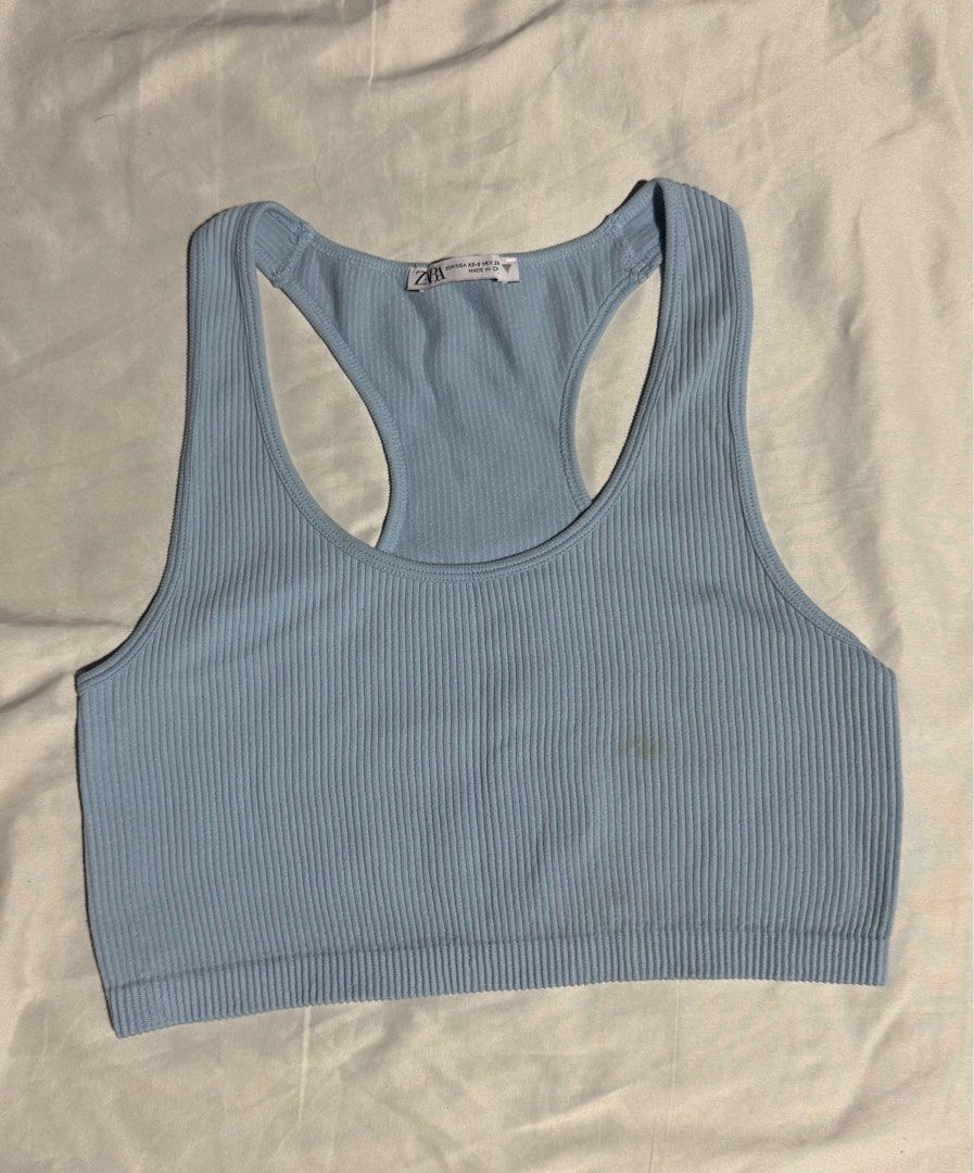 Zara Light Blue Racerback Crop Top (Category: Sleeveless) located in Pasig City. Submitted by getitfromg (Listing ID 1368892551, Image 1). Description: Original Zara with minimal stains (as seen in pics) XS-S.