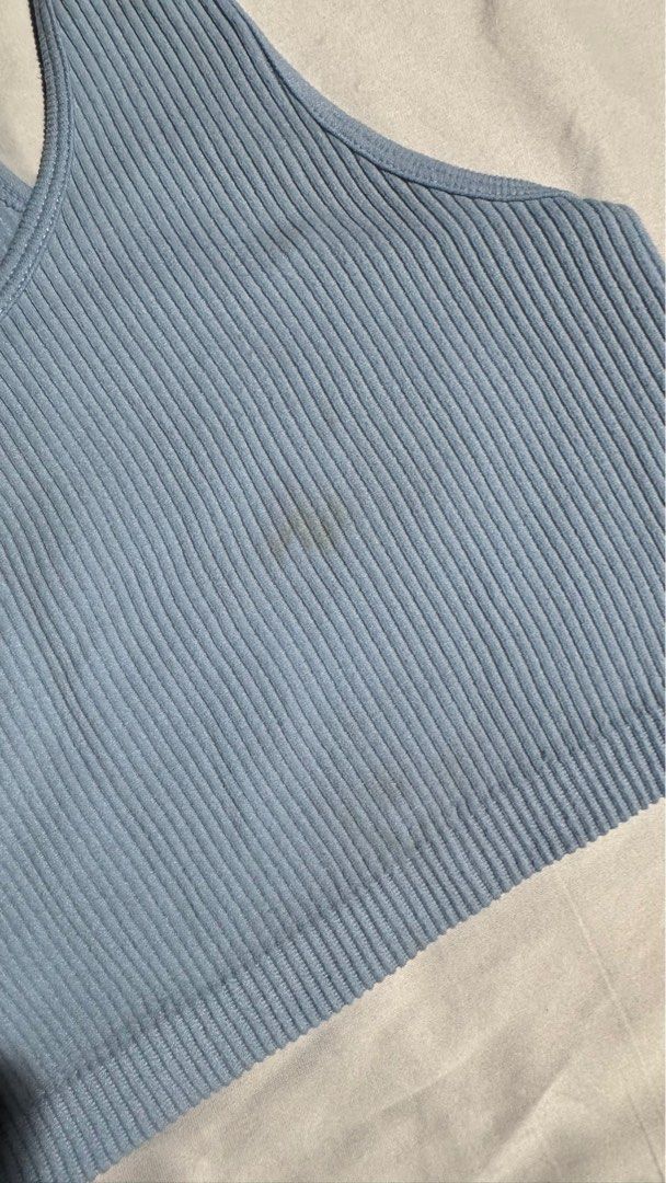 Zara Light Blue Racerback Crop Top (Category: Sleeveless) located in Pasig City. Submitted by getitfromg (Listing ID 1368892551, Image 3). Description: Original Zara with minimal stains (as seen in pics) XS-S.