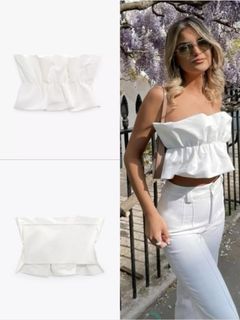 Zara Voluminous Puff Ruffle Oyster White Strapless Tube Top