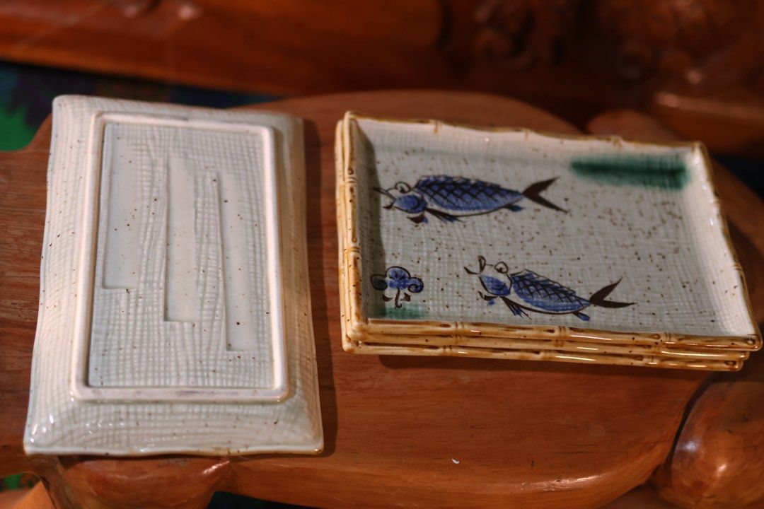 Blue Fish Rectangular Ceramic Plates / Trays Set (Category: Dinnerware & Cutlery) located in Manila. Submitted by _mangkok_ (Listing ID 1369036265, Image 2). Description: blue fish rectangular ceramic plates/trays. in really good condition. 4 pcs available. 150 each, 450 take all. items were either thrifted or personally owned, pls manage your expectations. thank u 🙏🏻.