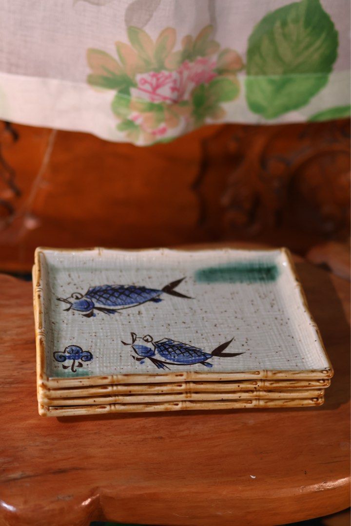 Blue Fish Rectangular Ceramic Plates / Trays Set (Category: Dinnerware & Cutlery) located in Manila. Submitted by _mangkok_ (Listing ID 1369036265, Image 1). Description: blue fish rectangular ceramic plates/trays. in really good condition. 4 pcs available. 150 each, 450 take all. items were either thrifted or personally owned, pls manage your expectations. thank u 🙏🏻.