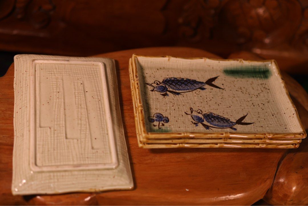 Blue Fish Rectangular Ceramic Plates / Trays Set (Category: Dinnerware & Cutlery) located in Manila. Submitted by _mangkok_ (Listing ID 1369036265, Image 3). Description: blue fish rectangular ceramic plates/trays. in really good condition. 4 pcs available. 150 each, 450 take all. items were either thrifted or personally owned, pls manage your expectations. thank u 🙏🏻.