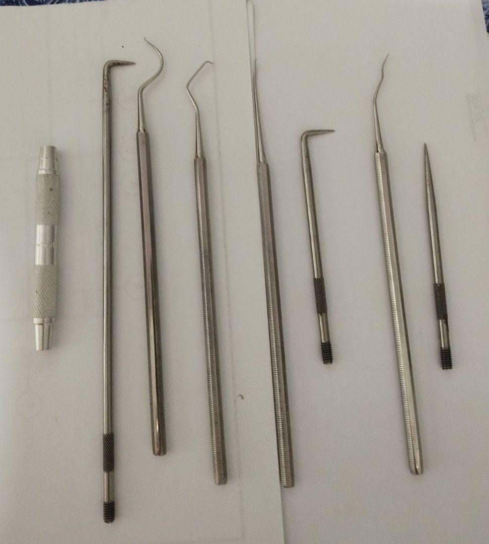 DENTAL PROBES OR EXPLORERS (Category: Medical Supplies & Tools) located in Paranaque City. Submitted by maapolonio (Listing ID 1369072610, Image 1). Description: used in dentistry for examining teeth various types including simple straight explorer with a straight hook and others with angled tines.