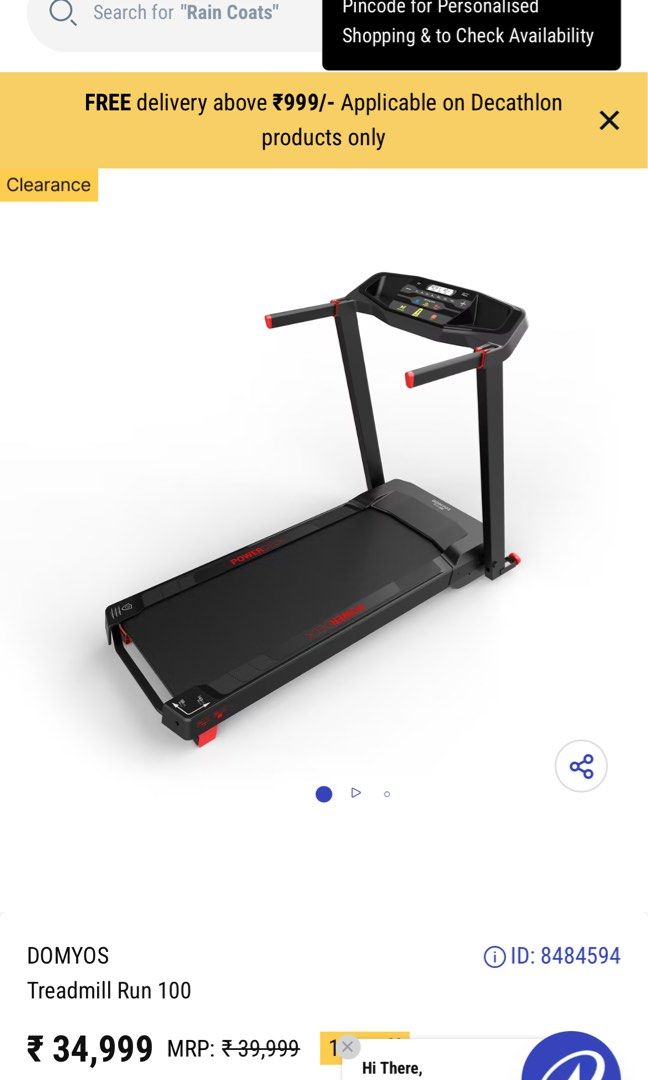 Foldable Threadmill (Category: Cardio & Fitness Machines) located in Manila. Submitted by chellsyy (Listing ID 1368983547, Image 3). Description: Domyos Run100E bought for 34,000.