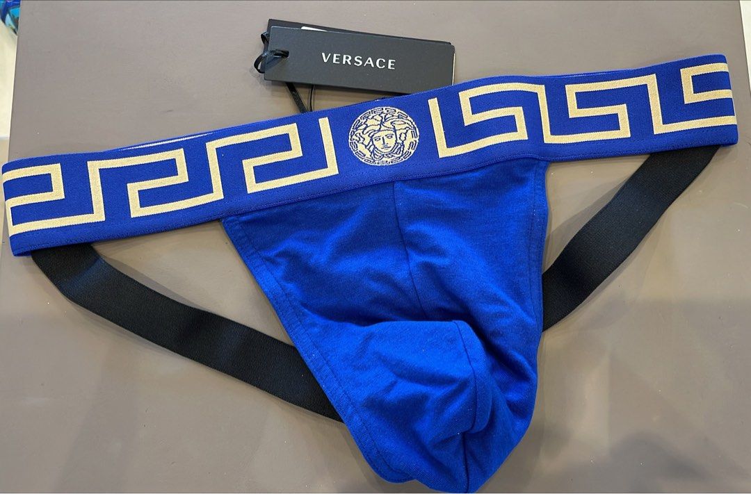 ON HAND! Versace Jockstrap in Blue (Category: Underwear) located in Quezon City. Submitted by jwmj_luxury (Listing ID 1368975943, Image 2). Description: Available in size Eu3 (2pcs) and Eu4 (4 pcs). Complete inclusion. With gift box and paper bag. 100% authentic and below Europe srp .
