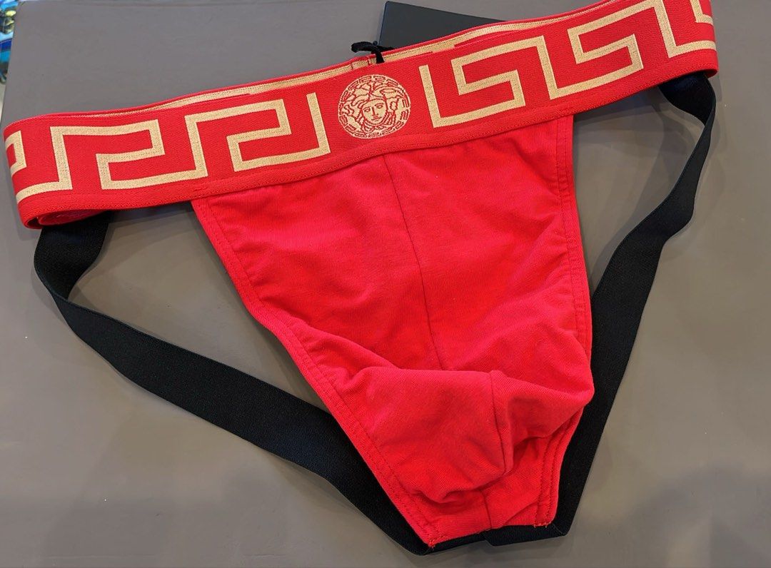 ON HAND! Versace Jockstrap in Red (Category: Underwear) located in Quezon City. Submitted by jwmj_luxury (Listing ID 1368976245, Image 2). Description: Available in size Eu3 (1pc) and Eu4 (4 pcs). Complete inclusion. With gift box and paper bag. 100% authentic and below Europe srp .