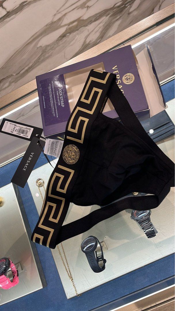ON HAND! Versace Jockstrap in Black (Category: Underwear) located in Quezon City. Submitted by jwmj_luxury (Listing ID 1368976636, Image 1). Description: Available in size Eu3 (2pcs) and Eu4 (2pcs). Complete inclusion. With gift box and paper bag. 100% authentic and below Europe srp .