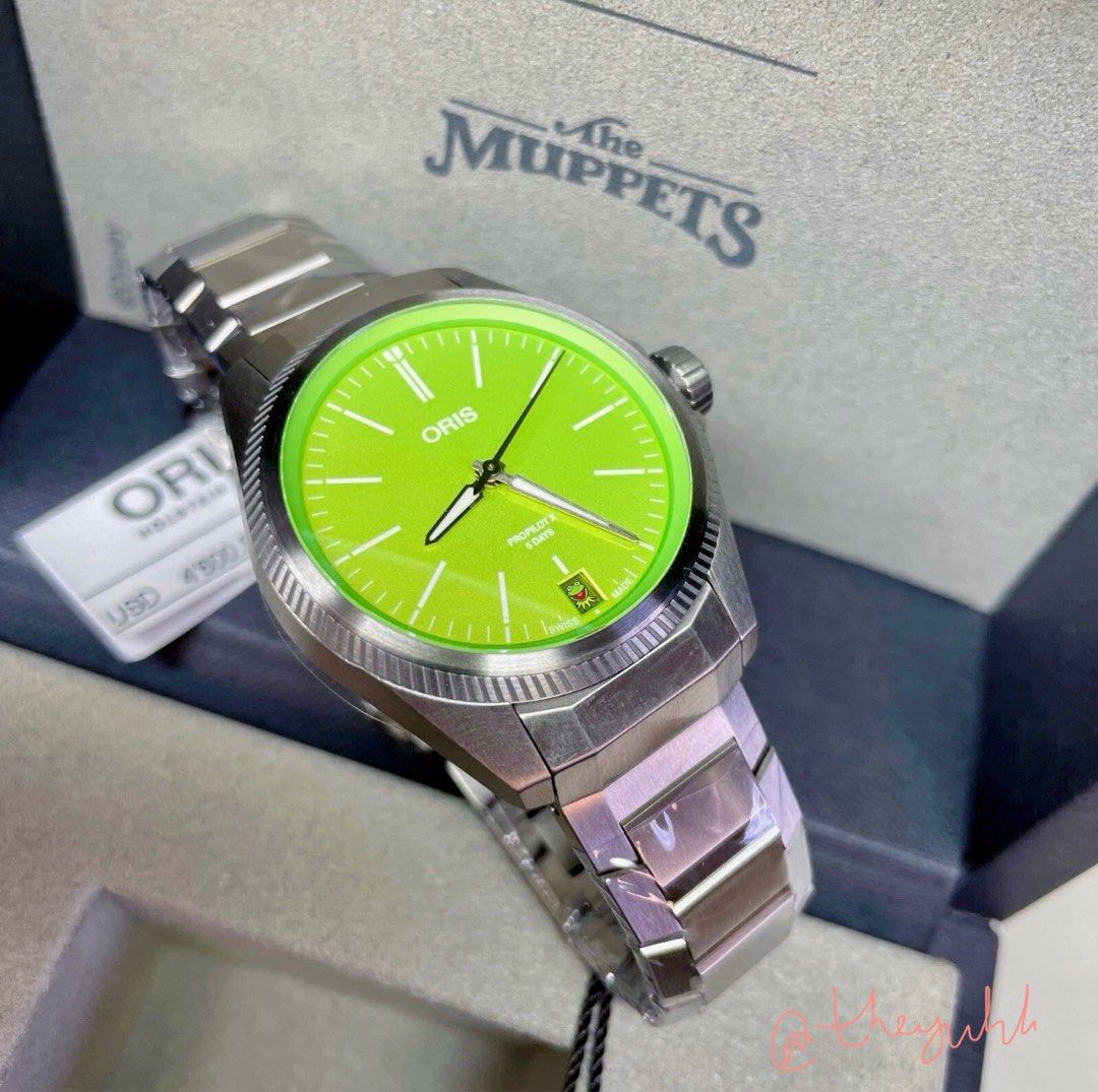 Oris ProPilot x Kermit - Limited Edition Watch (Category: Luxury Watches) located in Makati City. Submitted by theyuhh (Listing ID 1369084991, Image 2). Description: Waited a long time for this watch but I’m afraid that at 39mm, it’s too big on my 5” wrist 🥲 What I love about the new ProPilot Calibre 400 is that it boasts a smooth 4 Hz in-house movement, has a five-day power reserve, is crafted in full titanium (so it’s lighter than your average