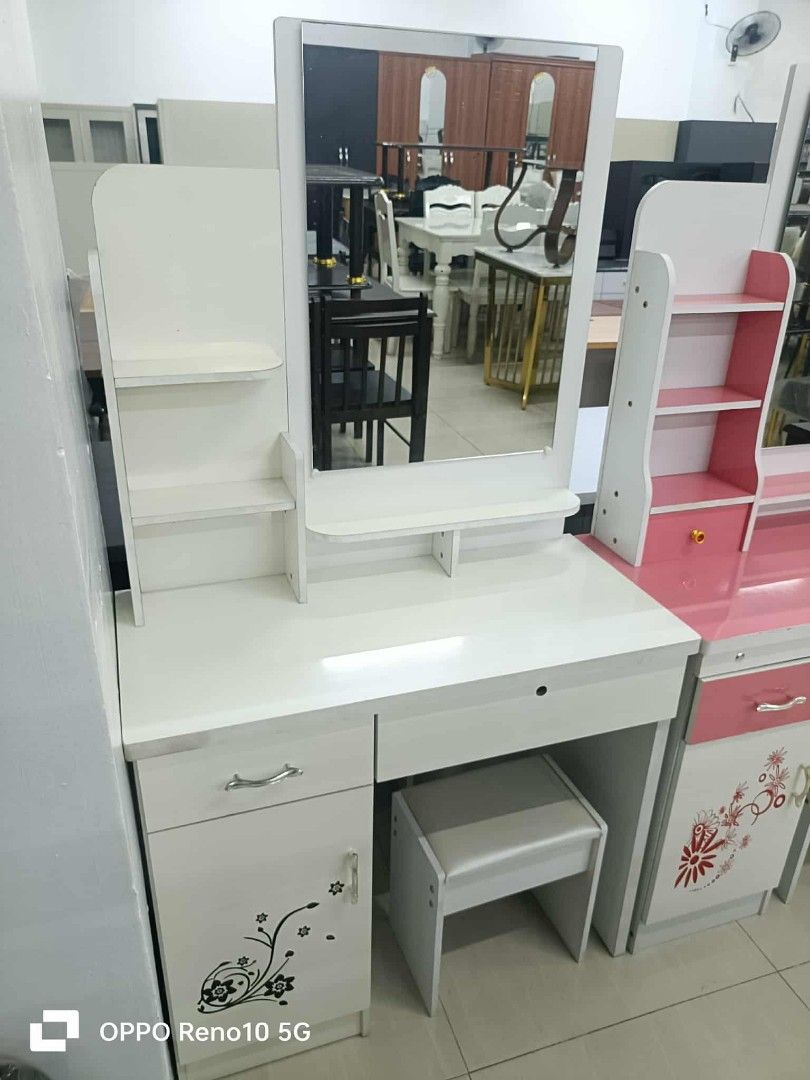 Vanity dresser (Category: Tables & Sets) located in Pasay City. Submitted by cherry_nicole (Listing ID 1368967632, Image 3). Description: 💥Vanity with stool 💥HDf wood materials 💥 Stool included 💥 Assembled 💥 color: White,Pink ✅P7,000.