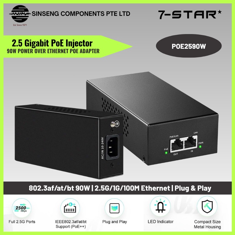 7-STAR* 90W 2.5G PoE Injector Adapter – 802.3bt PoE++ Adapter – DC55V 1 ...