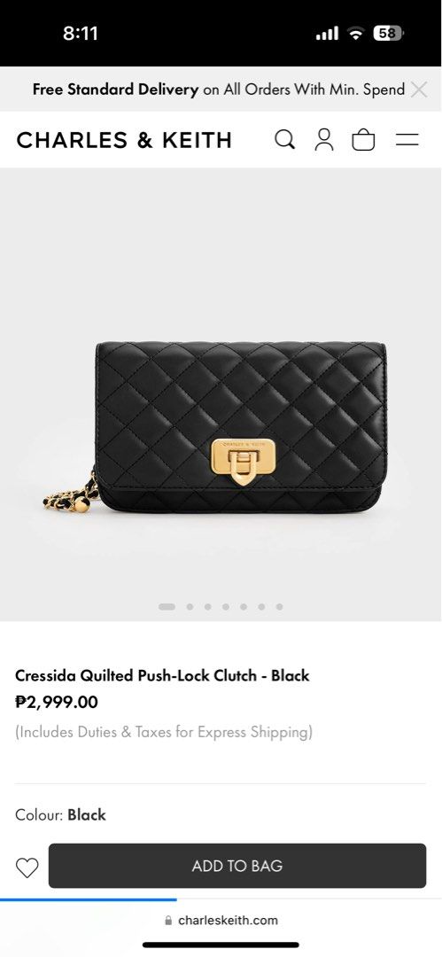 Charles & Keith Cressida Quilted Clutch (Black) (Category: Shoulder Bags) located in Antipolo. Submitted by bhrl__48 (Listing ID 1369137986, Image 2). Description: - BRAND NEW - Bought for ₱2,999 - comes with tag and dust bag - see photos for product dimensions.