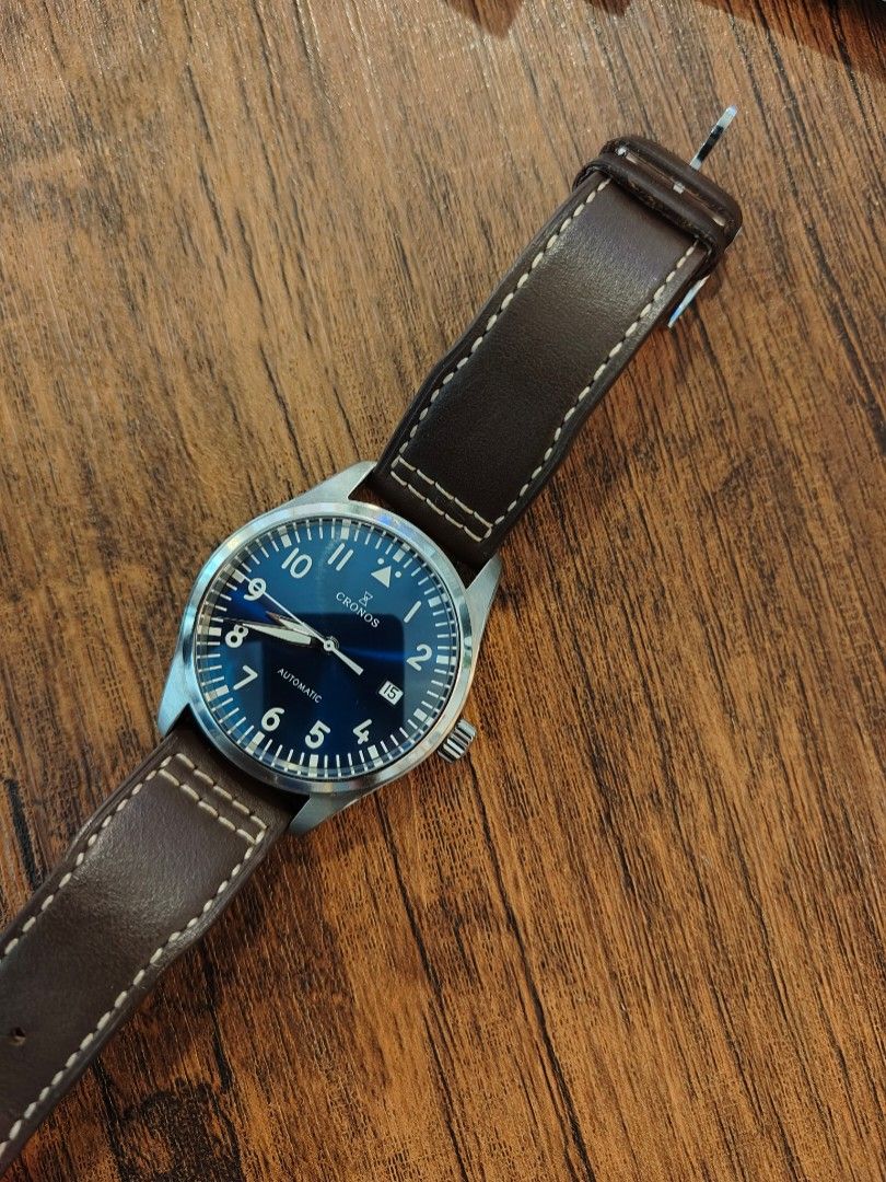 Cronos Automatic Watch (Category: Watches) located in Kuala Lumpur. Submitted by chakrawala88 (Listing ID 1369140240, Image 1). Description: Letting go this beautiful Cronos pilot inspired automatic watch Hi- beat Automatic movement Sapphire glass Leather strap Sunburst blue dial Case 40mm In great condition Price negotiable for serious buyer 👌.